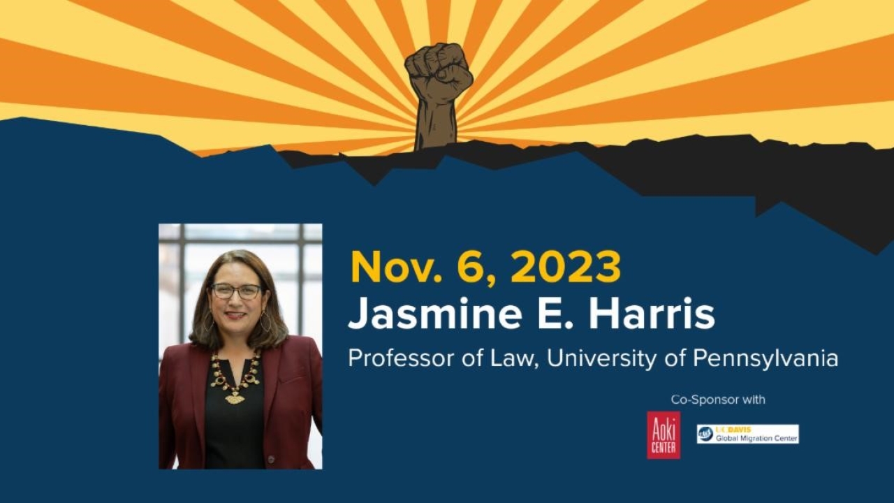 Headshot of Jasmine Harris with Racial Justice logo in the background.