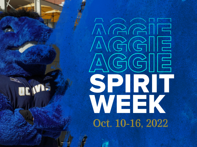 Graphic with photo of student leaning against Gunrock with their shoulders touching. Blue watercolor overlay is on the right with the Aggie Spirit Week logo and Oct. 10-16, 2022.