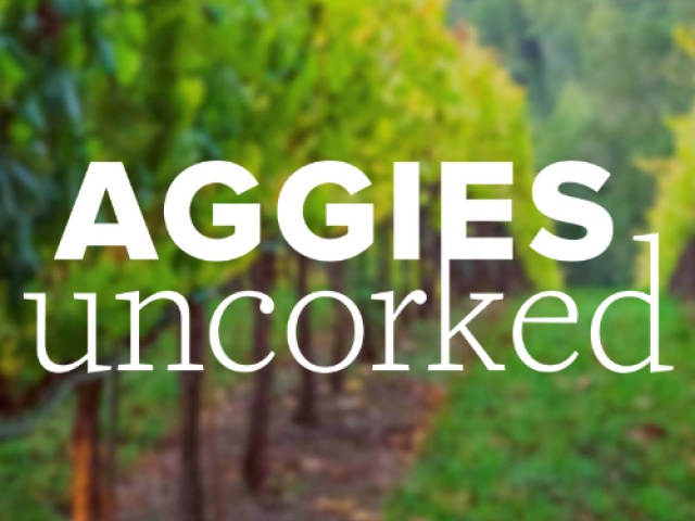 aggies uncorked logo over a vineyard
