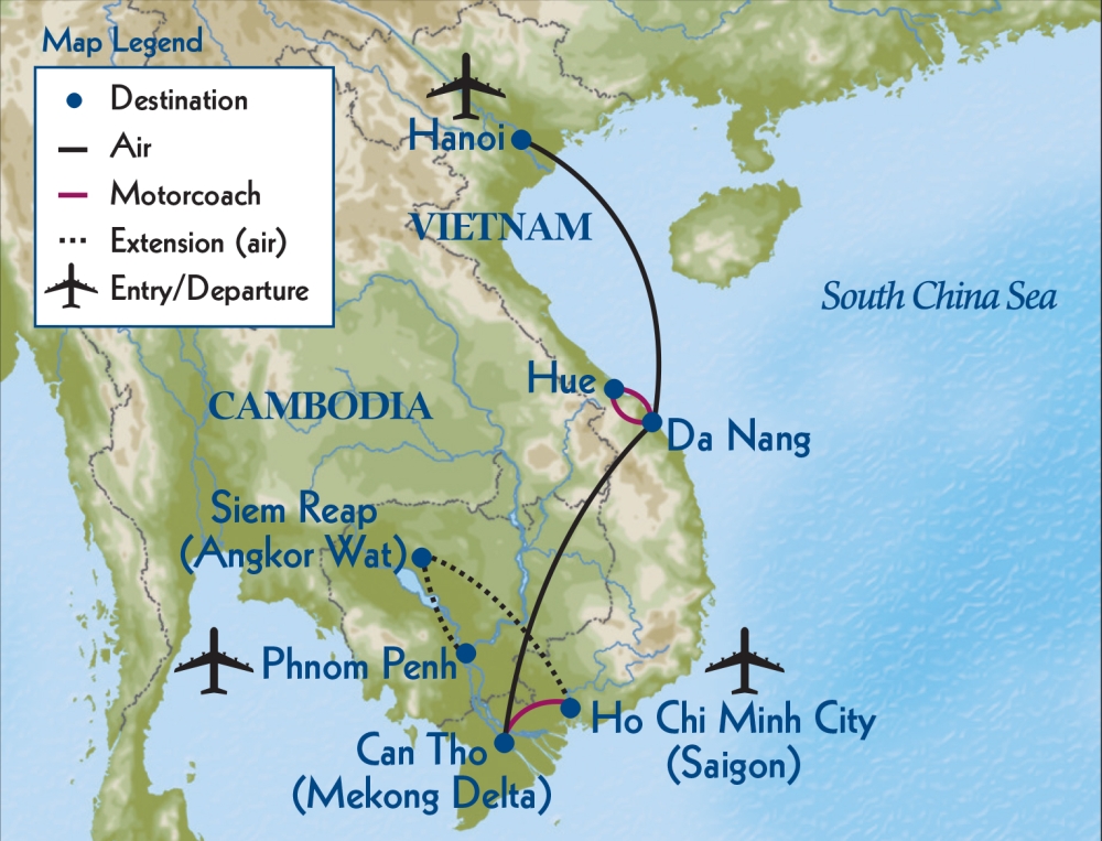 Map of Vietnam and Cambodia showing flight routes and destinations.