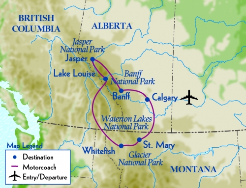 Map detailing the trip route through cities and national parks of Montana, Alberta, and British Columbia.