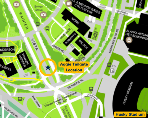 Map of the University of Washington by Husky Stadium with a star in the location of the Aggie tailgate
