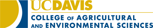 Logo with yellow text for UC Davis and blue text for College of Agricultural and Environmental Sciences below