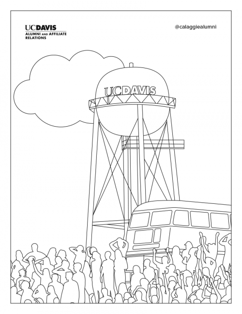 Coloring page featuring a double decker bus and watertower