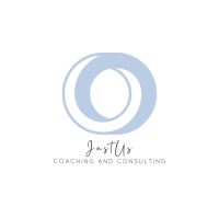 Logo that looks like and "o" with shadowed inner and outer portions of light blue. Text at the bottom says "JustUs Coaching and Consulting".
