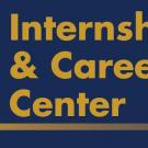 Text that says "Internship and Career Center" on a blue background with an image to the right of the ICC which is located in South Hall