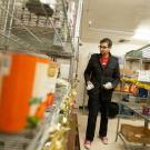 Picture of a student standing between an aisle lined with shelves at The Pantry.