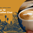 Promotional graphic: hand holding latte with heart foam next to blue sketched town