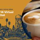 Split graphic: blue campus illustration on ochre panel and close-up latte pour