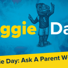 Blue gunrock drawing between Aggie day text
