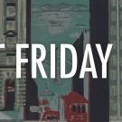 "First Friday" overlayed on a painting