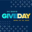 UC Davis Give Day logo on a blue background with micropatterns.