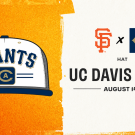 Promotional graphic showing Giants hat and SF and UC Davis logos for 'UC Davis Night' Aug 14