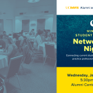 People talking at tables, event text reading 'Winter student & alumni networking night"