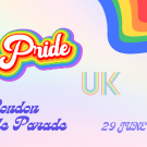 Rainbow text reading UC Pride UK London Pride Parade