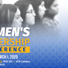 Women's Leadership conference tex over black and white photo of women sitting in a row