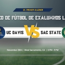 El Primer Clásico Marketing image featuring UCD CLAA and Sac State Alumni Logos on a Soccer field.