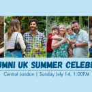 Picture of people celebrating above text reading "UC ALUMNI UK SUMMER CELEBRATION Central London | Sunday July 14, 1:00PM"