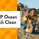5 people are on a beach picking up trash; the 3 at the front are kids smiling at the camera while the 2 in the back are older and in the process of picking up trash. The words "KEEP Ocean Beach Clean" are displayed.