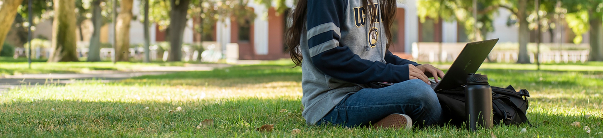 Student with UC Davis hoodie sitting criss crossed on the grass on campus using the computer on their lap.