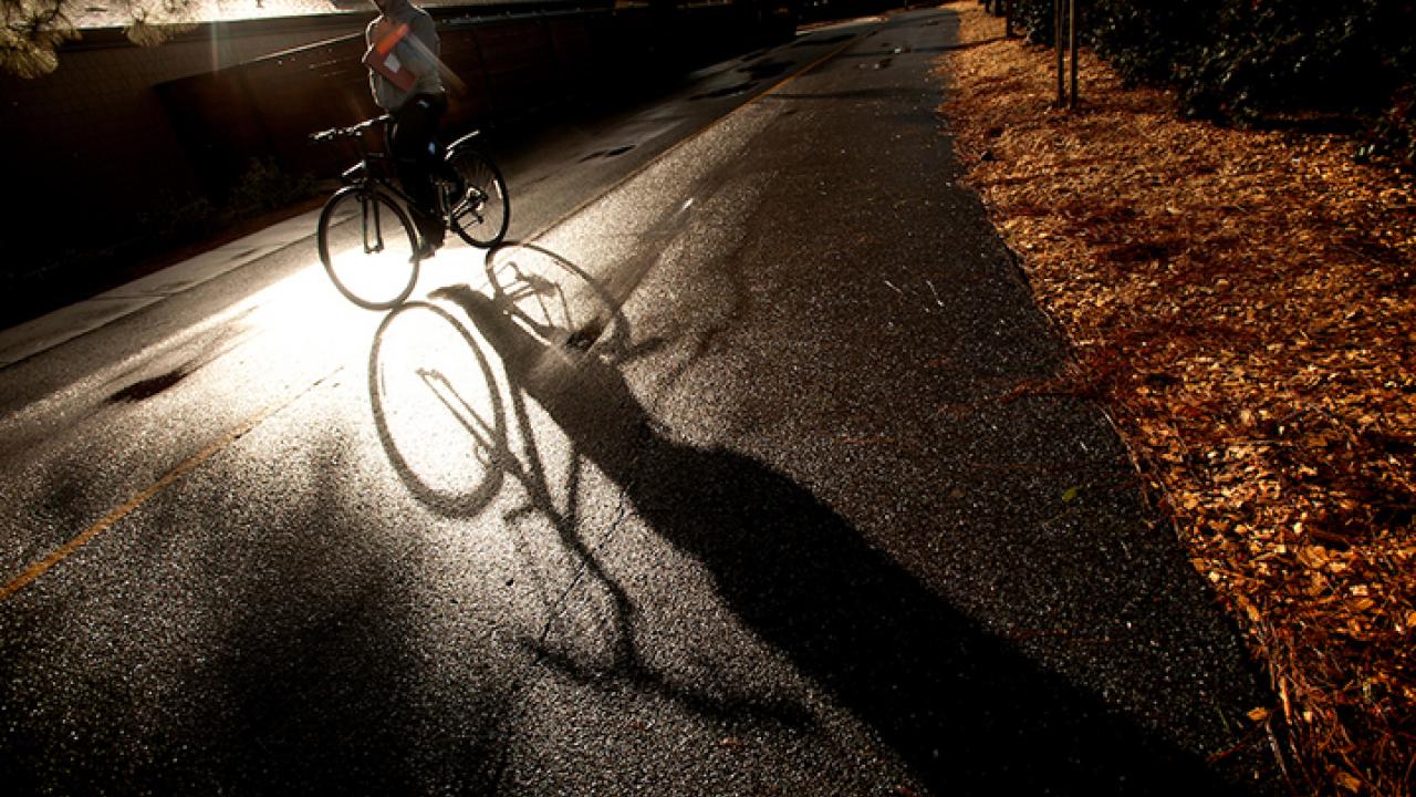 Bike on bike path during rain at UC Davis